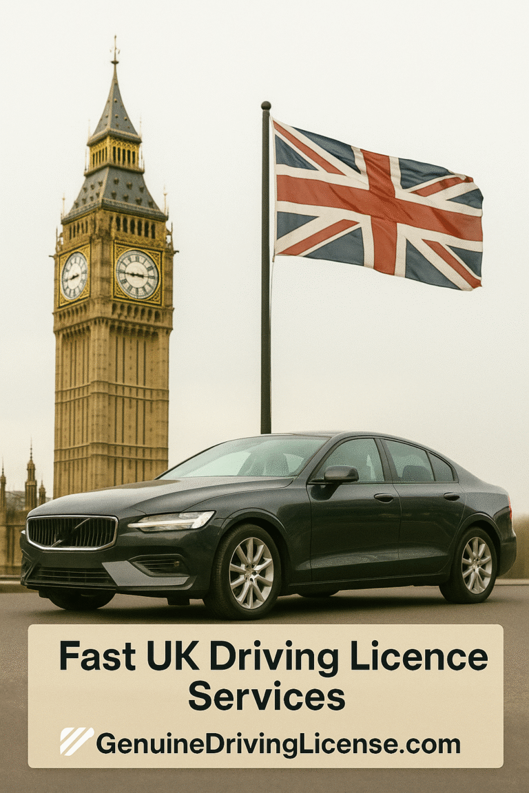 Promotional image for GenuineDrivingLicence.com showing a UK city street with cars and road signs, highlighting services to obtain a UK driving licence quickly and easily.*