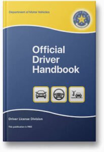 Official State Department of Motor Vehicles Driver Handbook study manual and study notes on a desk