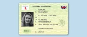 Official green UK provisional driving licence card showing the Union Jack flag and red L plate symbol