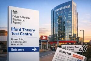Entrance sign for an official Driver and Vehicle Standards Agency DVSA theory test centre in the UK